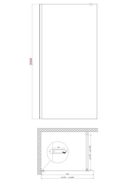 Душова перегородка Koer SR SP01-100x200-TR-01 Walk-In прозоре скло Easy Clean 8мм, хром (KR5393) KR5393 фото