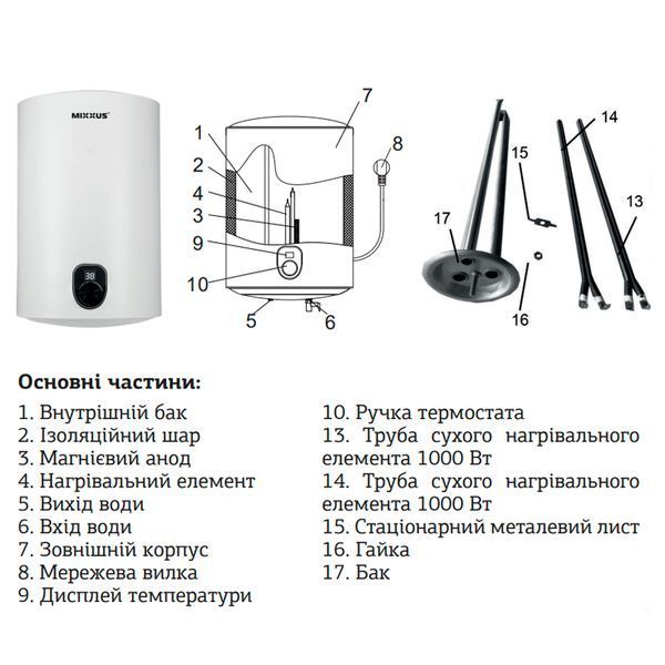 Водонагрівач "Циліндр" Mixxus EWH-01080 Round Dry накопич. 80 л, сухий тен 2 kW (WH0010) WH0010 фото