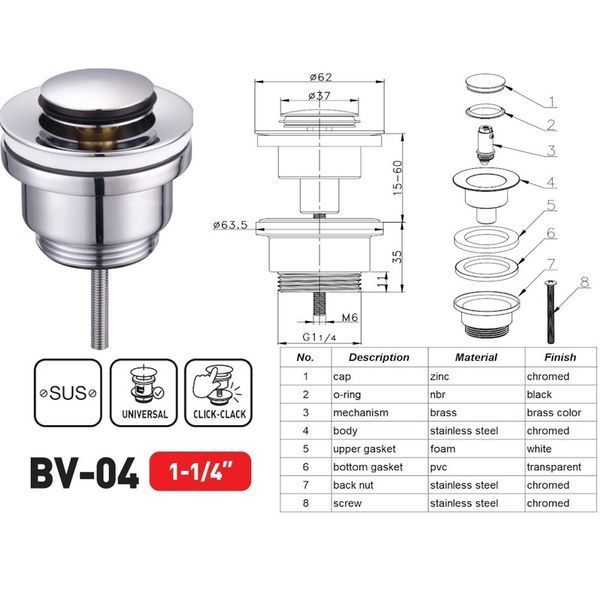Донний клапан для раковини Zerix BV-04 1 1/4'' універсальний (з/без перел) СLICK-СLACK (Колір хром) (ZX6021) ZX6021 фото